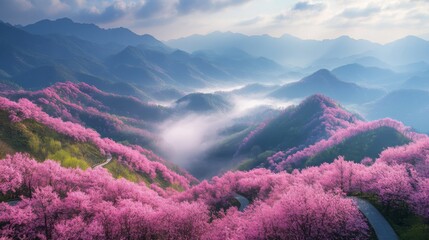 Valley landscape with pink trees under a misty sky