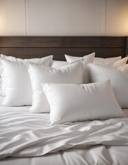 White designer pillows neatly arranged on a chic bed in a boutique hotel room, boutique hotel, room service
