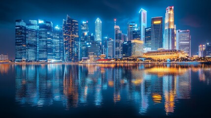 Fototapeta premium Illuminated city skyline at night reflecting on water