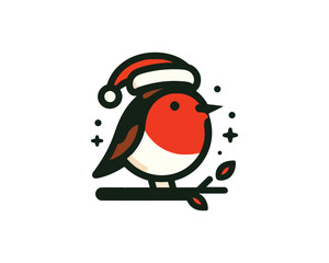 Christmas Robin Bird Santa Claus Cap Logo Design Icon Vector Illustration. 