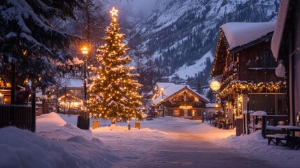 Fototapeta premium Festive Christmas Village Scene Snowy Night Lights