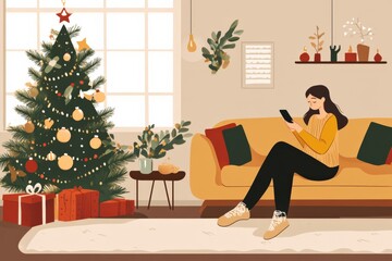 cozy indoor holiday scene with a person using a smartphone