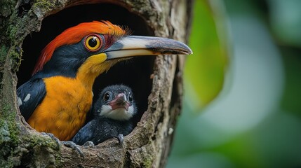 Colorful bird parent and chick in tree hollow.