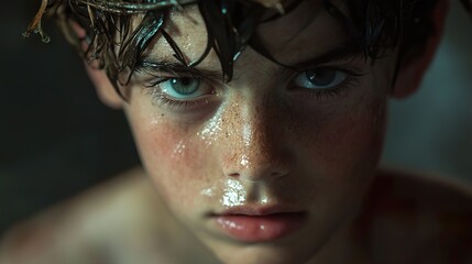 Intense Gaze: A Close-Up Portrait of a Young Boy