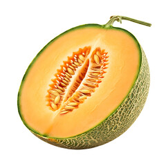 Detailed Cantaloupe Melon Cross-Section with Seeds and Textured Rind on Transparent Background
