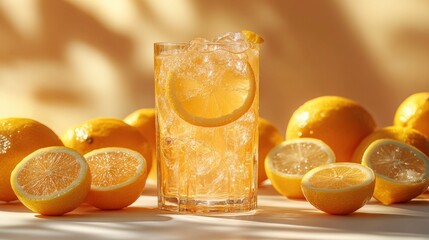 Refreshing Lemonade in Glass with Slices and Whole Lemons Surrounding It, Capturing the Essence of Summer and Citrus Vibrance in a Bright Setting