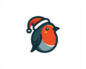 Christmas Robin Bird Santa Claus Cap Logo Design Icon Vector Illustration. 