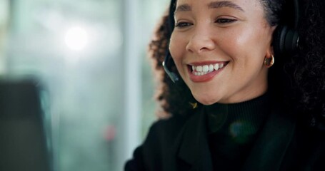 Support, customer service and woman in call center for help, business advice or talk. Sales agent, telemarketing and happy African consultant on microphone for lead generation, solution or contact us