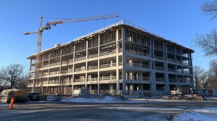 Obraz premium Residential building under construction with cranes and scaffolding