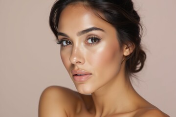 Fototapeta premium Closeup of a young woman with radiant glowing skin, natural makeup, and a serene expression on a light beige backdrop, ideal for skincare and beauty promotions.