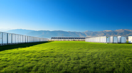 Fototapeta premium White Energy Storage Containers in Open Field with Solar Panels, Set Against Blue Sky and Mountain Backdrop, Realistic Wide-Angle View.
