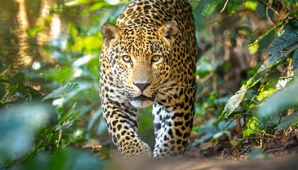 Obraz premium Jaguar Stealthily Walking Through Dense Rainforest Underplay of Dappled Sunlight