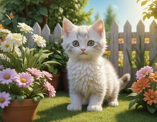 Adorable Kitten in a Cozy Home Garden - 3D Rendered, Generatif AI