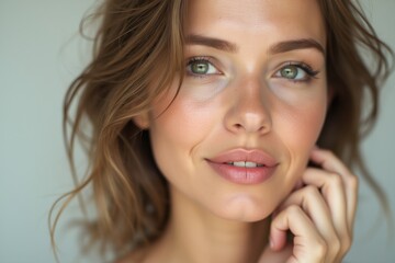Natural beauty portrait of a young woman with glowing skin, soft makeup, and tousled hair, gently touching her face, perfect for skincare or wellness branding.