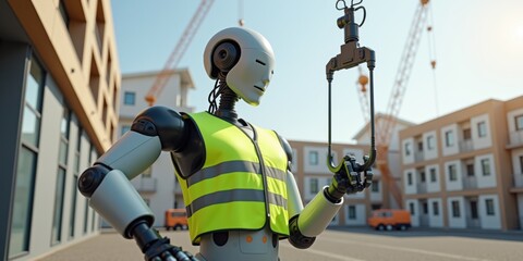 Futuristic robot construction worker inspecting industrial equipment on a construction site, concept of AI automation in engineering and urban development