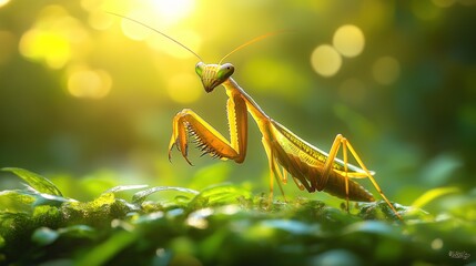 Praying mantis in sunlight, close-up.