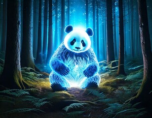  Glowing Transparent Panda in a Mystical Night Forest, Generated image