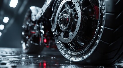 Fototapeta premium Sleek Chrome Motorcycle Wheel: A Close-Up Look