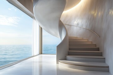 Fototapeta premium Modern White Spiral Staircase with Ocean View