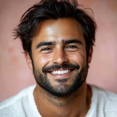 Fototapeta premium A young man with casual t-shirt is smiling at the camera, solid color background