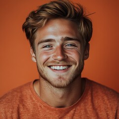 Fototapeta premium A young man with casual t-shirt is smiling at the camera, solid color background