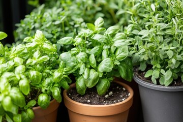 Obraz premium Fresh herb garden starting, soft diffused light, leaf texture details, with copy space