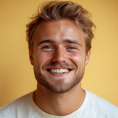Fototapeta premium A young man with casual t-shirt is smiling at the camera, solid color background