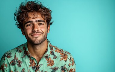 man with casual t-shirt is smiling at the camera, solid color background