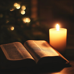 Open book illuminated by glowing candlelight in a dark room