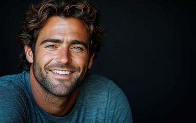 Fototapeta premium man with casual t-shirt is smiling at the camera, solid color background