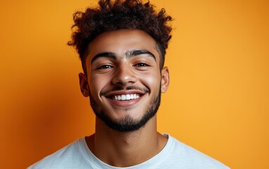 Obraz premium man with casual t-shirt is smiling at the camera, solid color background