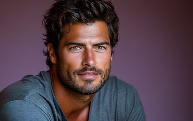 Fototapeta premium man with casual t-shirt is smiling at the camera, solid color background