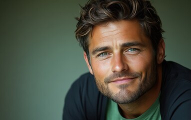 Obraz premium man with casual t-shirt is smiling at the camera, solid color background