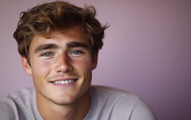 Fototapeta premium man with casual t-shirt is smiling at the camera, solid color background