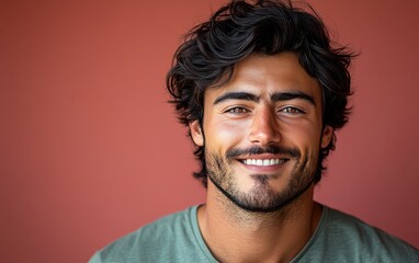 Obraz premium man with casual t-shirt is smiling at the camera, solid color background