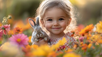 A joyful child holds a toy rabbit amidst a vibrant flower garden.