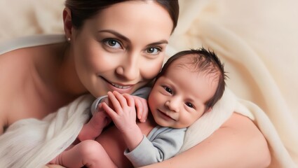 portrait of a mother hugging her newborn baby