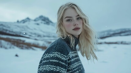 Blonde woman, winter sweater, snowy landscape.