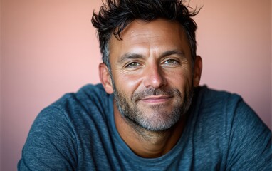 Fototapeta premium man with casual t-shirt is smiling at the camera, solid color background