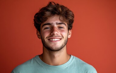 Fototapeta premium man with casual t-shirt is smiling at the camera, solid color background