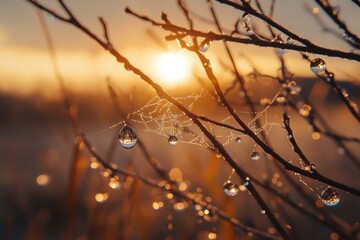 Morning dew on spider web, sunrise backlight, water droplet details, with copy space
