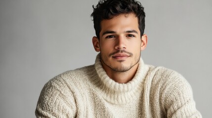 Obraz premium A charismatic man wearing a casual sweater, leaning slightly forward, with a soft gray backdrop emphasizing his features