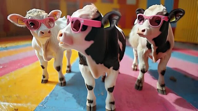 playful cows wear pink sunglasses standing on a colorful rainbow floor