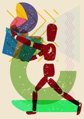 Risograph wooden puppet holding gift box with geometric shapes. Objects in trendy riso graph print texture style design with geometry elements.