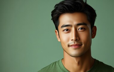 Fototapeta premium man with casual t-shirt is smiling at the camera, solid color background