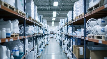 A clinic warehouse filled with ventilators and respirators, industrial shelves fully stocked under well-lit conditions, showcasing healthcare capacity