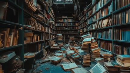 Obraz premium Abandoned Library Bookshelves Overflowing With Old Books