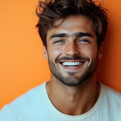 Obraz premium A young man with casual t-shirt is smiling at the camera, solid color background
