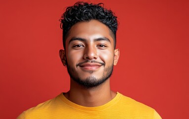 Fototapeta premium man with casual t-shirt is smiling at the camera, solid color background