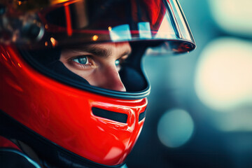 Focused male race car driver in vivid red helmet during daytime close up